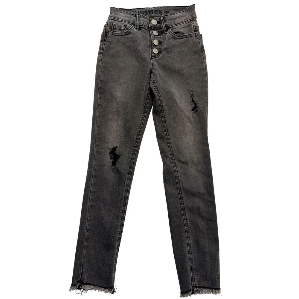 Justice Jeans Girls 10 Slim Gray Skinny Distressed Button Fly Raw Hem Stretch